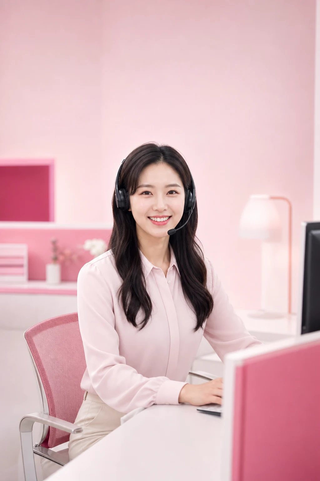 상품권현금화 다음머니 24시간 전화 문자 상담을 안내하는 헤드셋 여성 상담원 인물